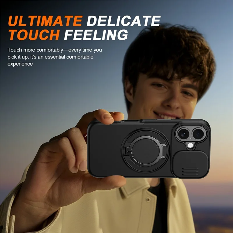 For iPhone 17 Case Magnetic Case Ring Kickstand Slide Camera Cover TPU PC Hybrid Phone Shell - Black