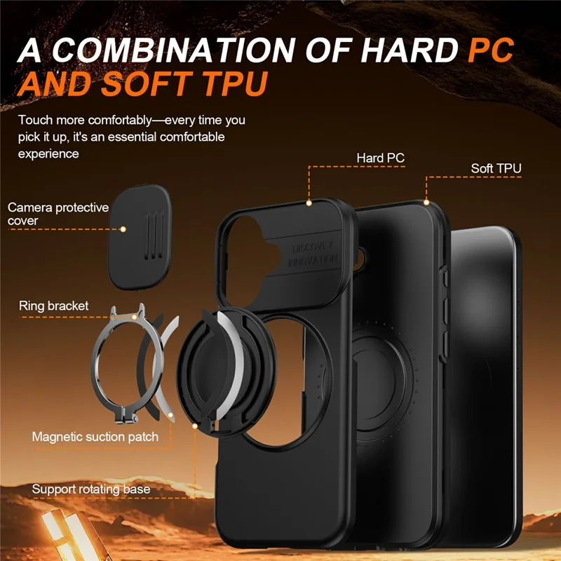 For iPhone 17 Case Magnetic Case Ring Kickstand Slide Camera Cover TPU PC Hybrid Phone Shell - Black