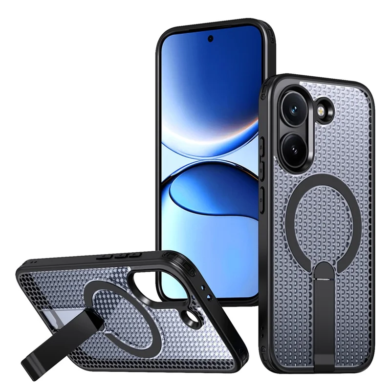 Magnetic Case for Xiaomi Poco X8 Pro 5G  /  Redmi Turbo 5 5G Kickstand Grid Texture TPU PC Phone Back Cover - Black