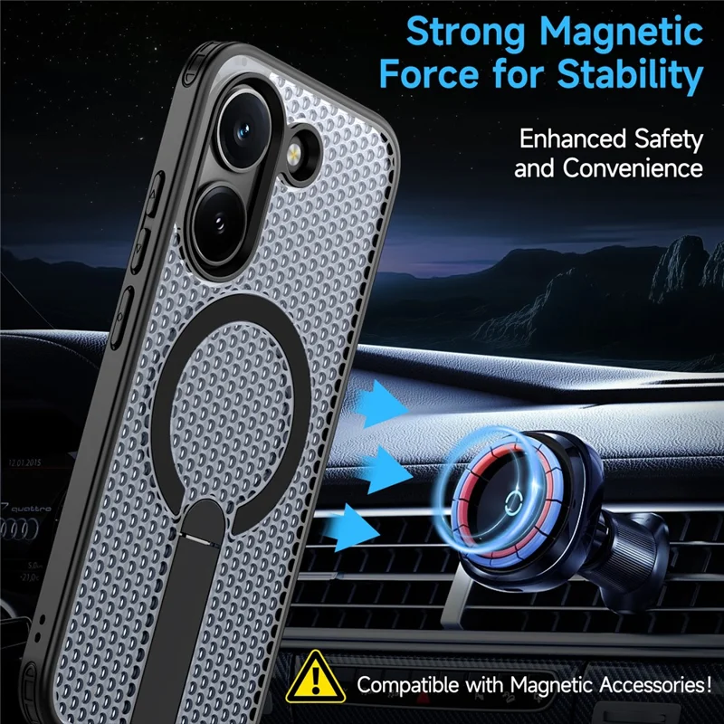 Magnetic Case for Xiaomi Poco X8 Pro 5G  /  Redmi Turbo 5 5G Kickstand Grid Texture TPU PC Phone Back Cover - Black