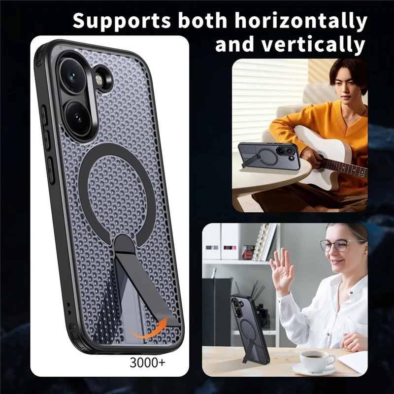 Magnetic Case for Xiaomi Poco X8 Pro 5G  /  Redmi Turbo 5 5G Kickstand Grid Texture TPU PC Phone Back Cover - Black