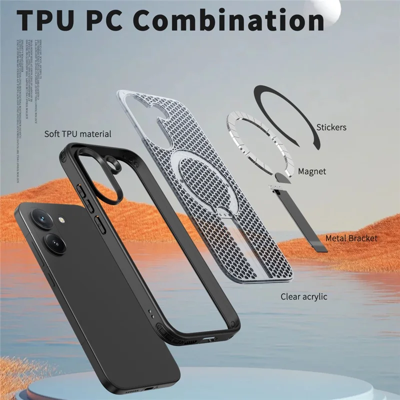 Magnetic Case for Xiaomi Poco X8 Pro 5G  /  Redmi Turbo 5 5G Kickstand Grid Texture TPU PC Phone Back Cover - Black