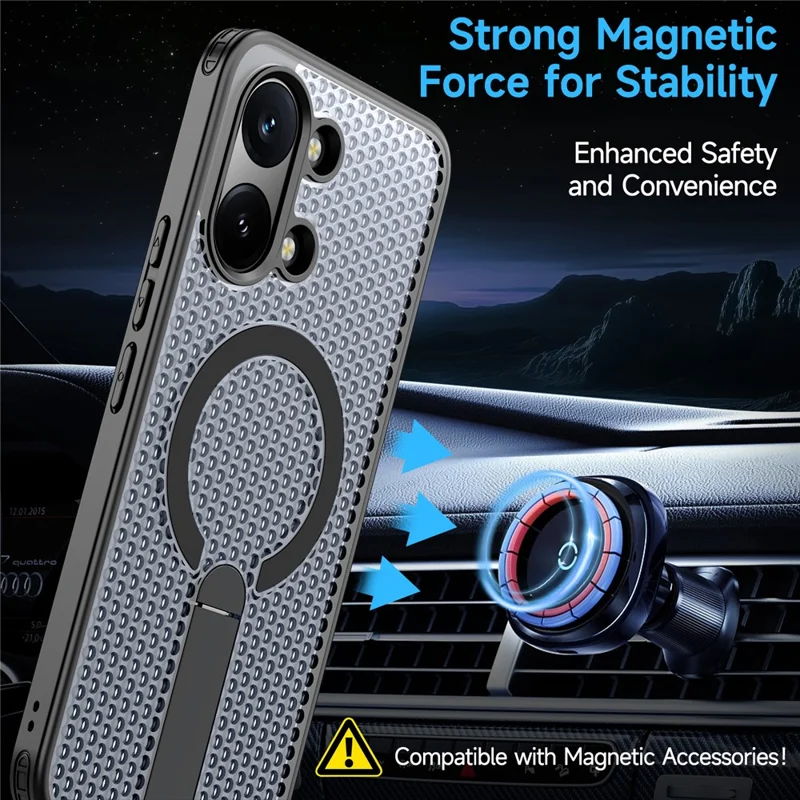 Magnetic Case for Xiaomi Redmi Turbo 5 Max 5G  /  Poco X8 Pro Max 5G Kickstand Grid Texture TPU PC Phone Back Cover - Black