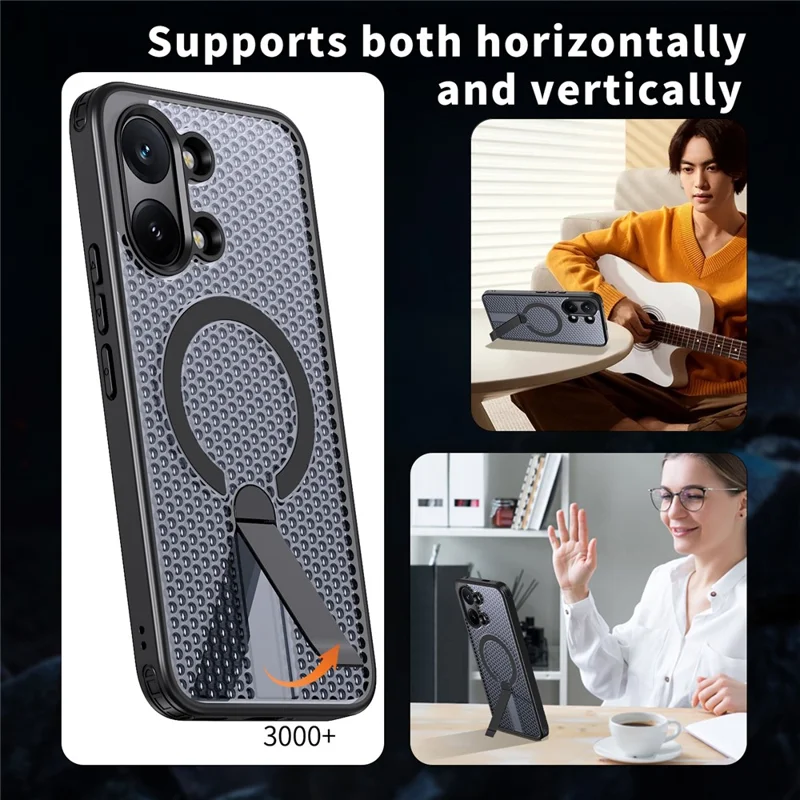 Magnetic Case for Xiaomi Redmi Turbo 5 Max 5G  /  Poco X8 Pro Max 5G Kickstand Grid Texture TPU PC Phone Back Cover - Black