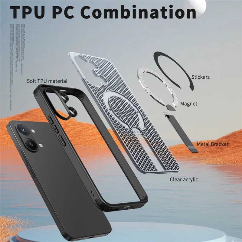 Magnetic Case for Xiaomi Redmi Turbo 5 Max 5G  /  Poco X8 Pro Max 5G Kickstand Grid Texture TPU PC Phone Back Cover - Black