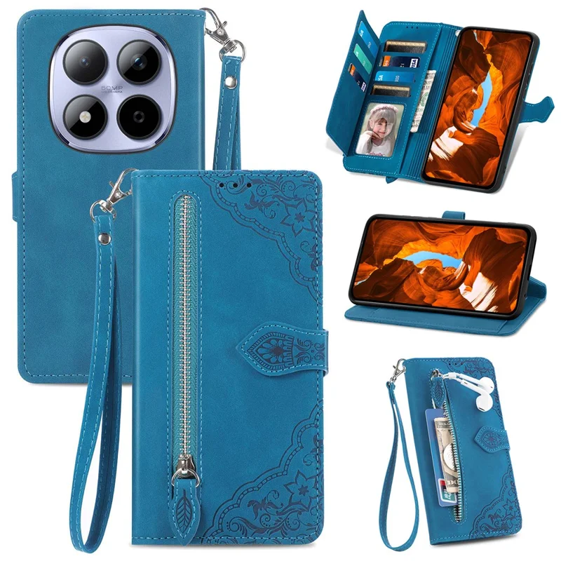 For Xiaomi Redmi Note 15 Pro 4G (Global) Zipper Wallet Case with Strap Flower Imprint PU Leather Phone Cover - Blue