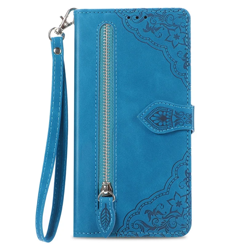 For Xiaomi Redmi Note 15 Pro 4G (Global) Zipper Wallet Case with Strap Flower Imprint PU Leather Phone Cover - Blue