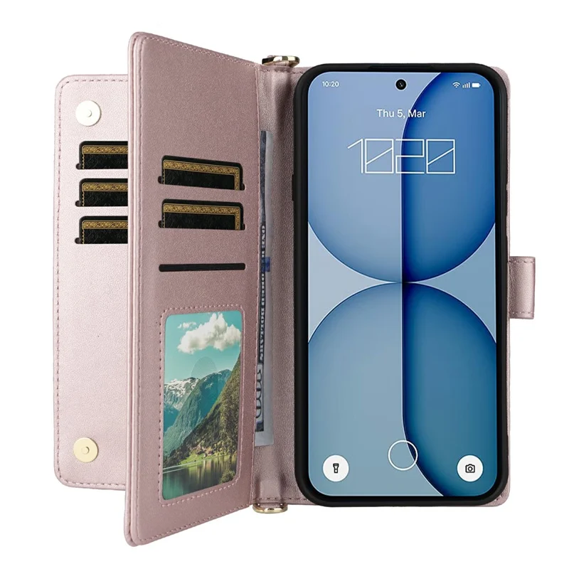 Funda de cuero para Nothing Phone (4a) con soporte, billetera y correa de hombro / muñeca - Rosa