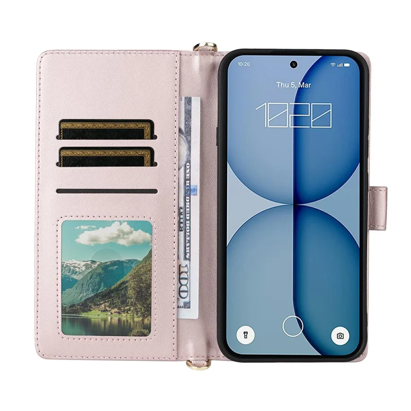 Funda de cuero para Nothing Phone (4a) con soporte, billetera y correa de hombro / muñeca - Rosa