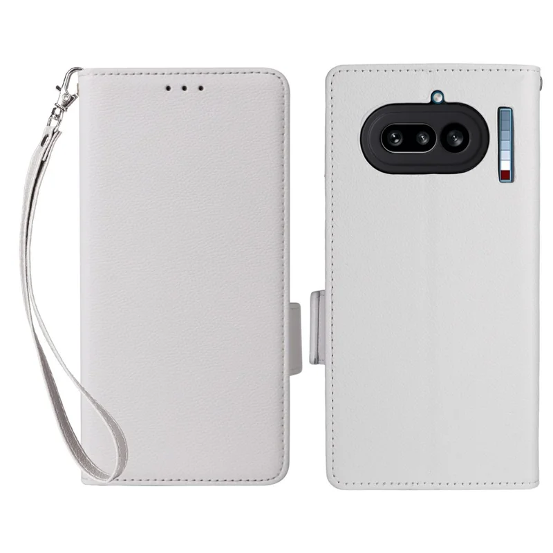 Funda de cuero con textura de litchi para teléfono Nothing Phone (4a), con función de cartera y correa de muñeca - Blanco