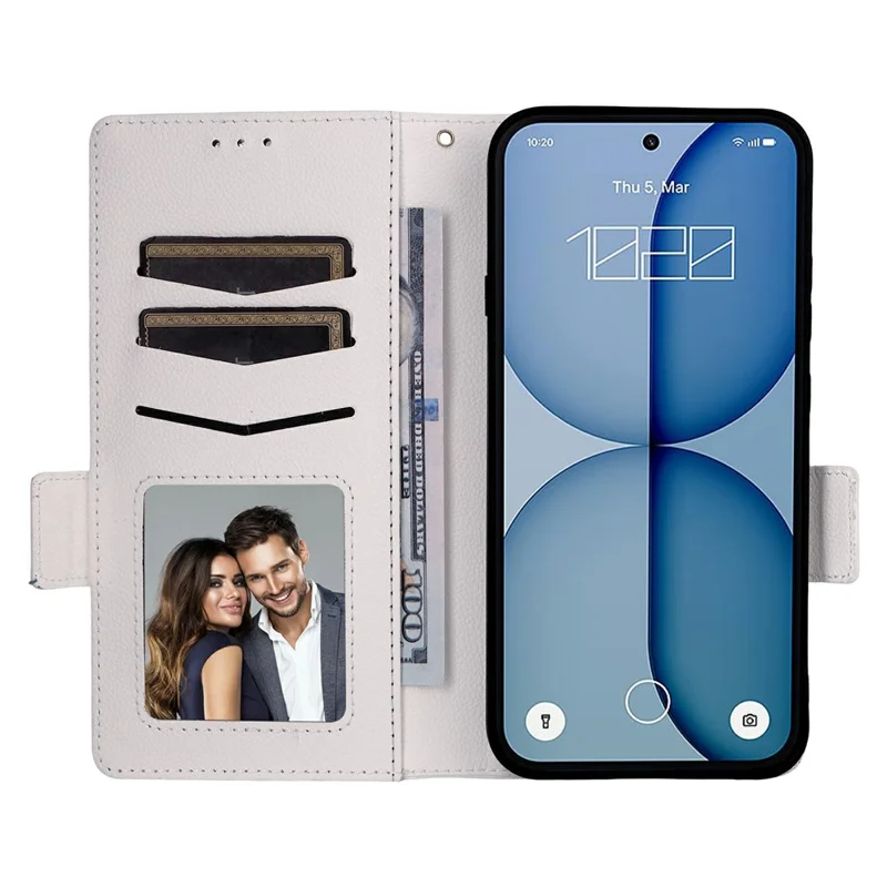 Funda de cuero con textura de litchi para teléfono Nothing Phone (4a), con función de cartera y correa de muñeca - Blanco