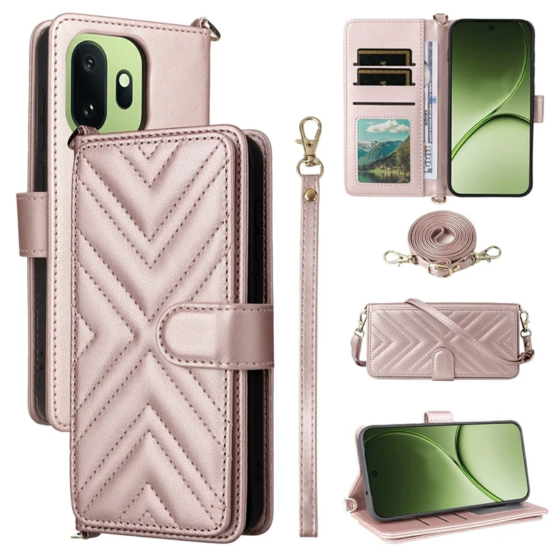 Capa de Couro para OnePlus 15T 5G com Suporte, Carteira e Alça de Ombro / Pulsso - Rosa