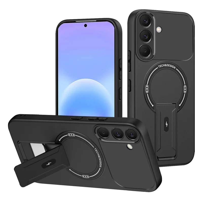 For Samsung Galaxy A57 5G Case Skin Touch Kickstand PC + TPU Phone Cover Support Magnetic Car Mount - Black