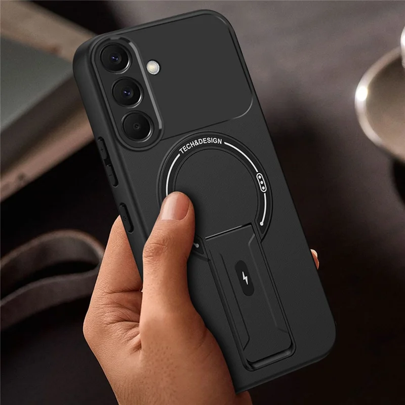 For Samsung Galaxy A57 5G Case Skin Touch Kickstand PC + TPU Phone Cover Support Magnetic Car Mount - Black