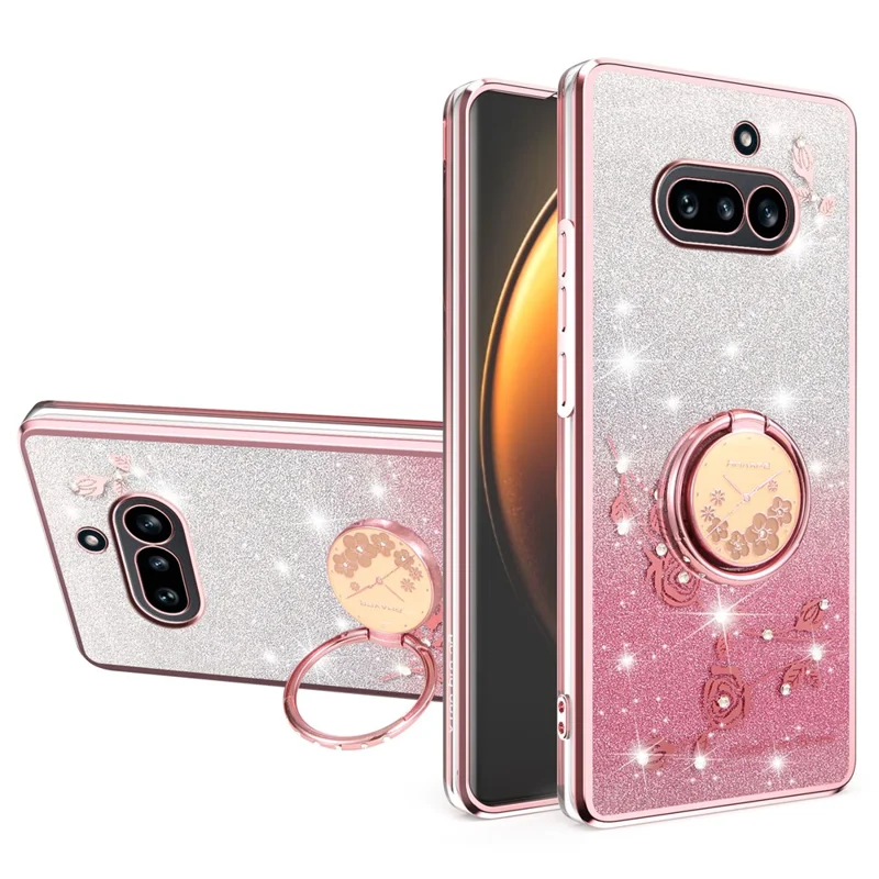 KADEM For Nothing Phone (4a) Phone Case Ring Kickstand TPU Flowers Phone Cover Gradient Glitter - Pink