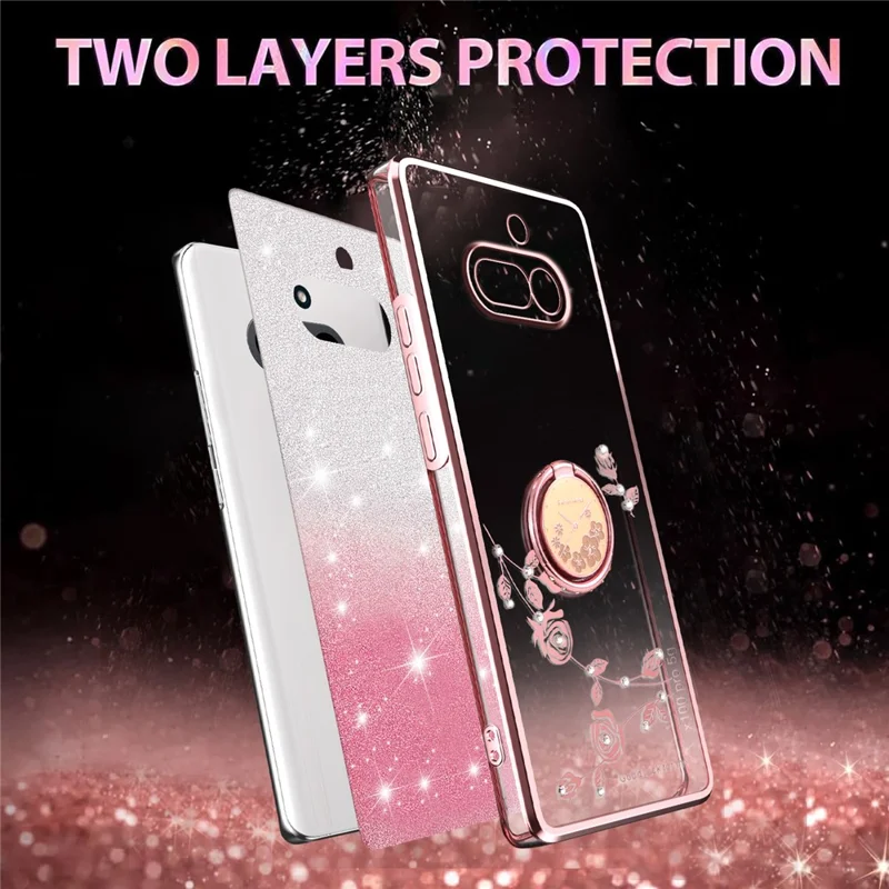 KADEM For Nothing Phone (4a) Phone Case Ring Kickstand TPU Flowers Phone Cover Gradient Glitter - Pink