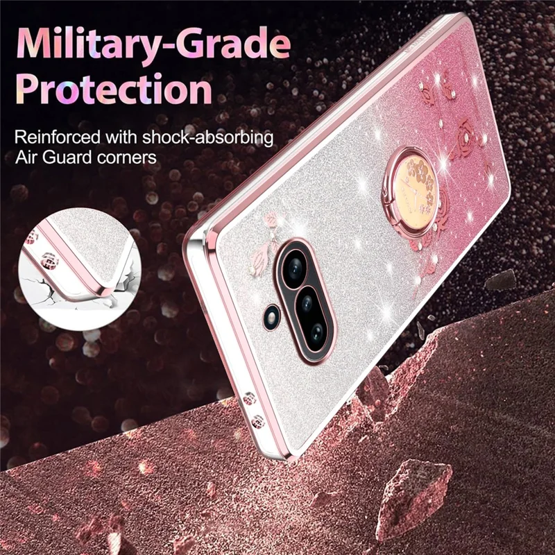KADEM For Nothing Phone (4a) Phone Case Ring Kickstand TPU Flowers Phone Cover Gradient Glitter - Pink