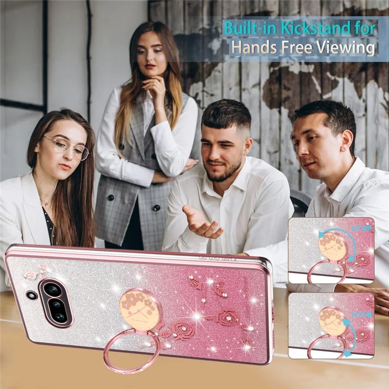 KADEM For Nothing Phone (4a) Phone Case Ring Kickstand TPU Flowers Phone Cover Gradient Glitter - Pink