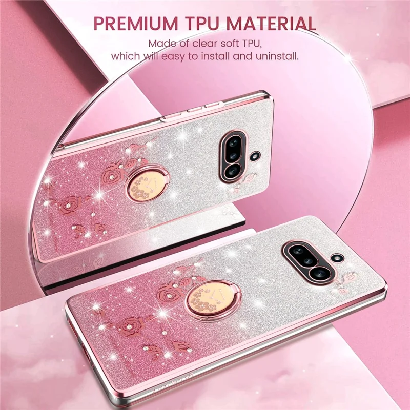 KADEM For Nothing Phone (4a) Phone Case Ring Kickstand TPU Flowers Phone Cover Gradient Glitter - Pink