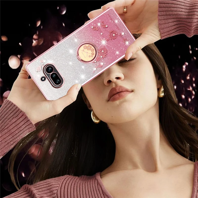 KADEM For Nothing Phone (4a) Phone Case Ring Kickstand TPU Flowers Phone Cover Gradient Glitter - Pink