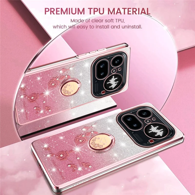 KADEM For Nothing Phone (4a) Pro Phone Case Ring Kickstand TPU Flowers Phone Cover Gradient Glitter - Pink