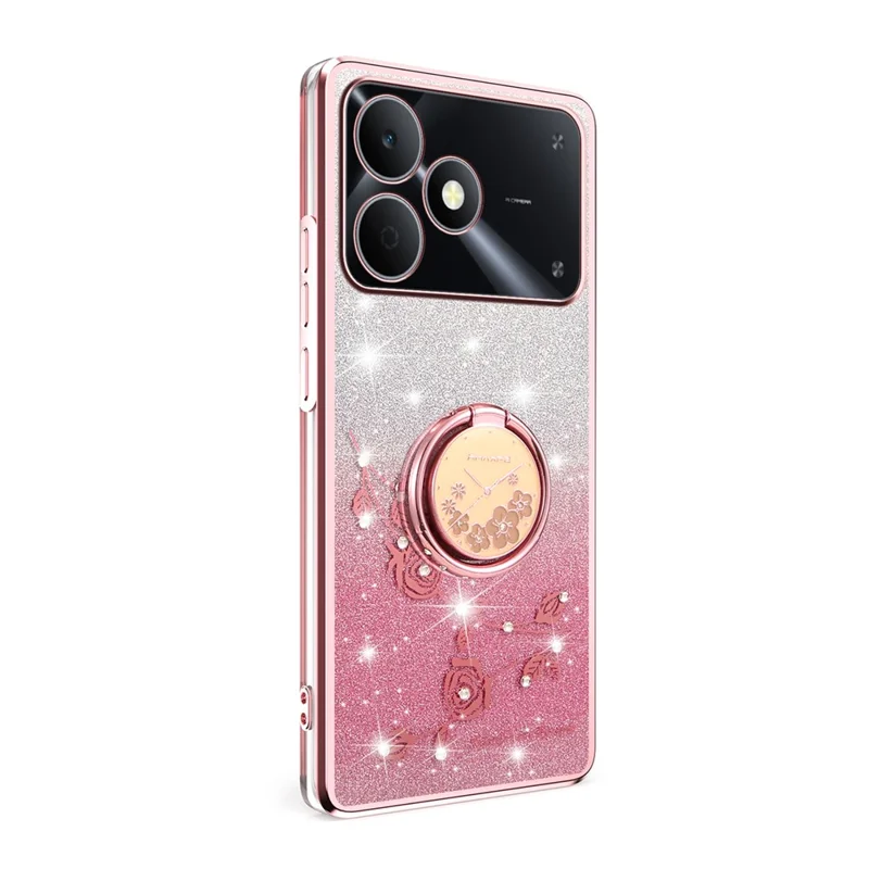 KADEM For Realme Note 80 4G Phone Case Ring Kickstand TPU Flowers Phone Cover Gradient Glitter - Pink