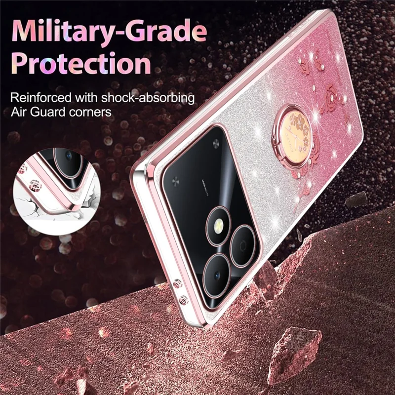 KADEM For Realme Note 80 4G Phone Case Ring Kickstand TPU Flowers Phone Cover Gradient Glitter - Pink