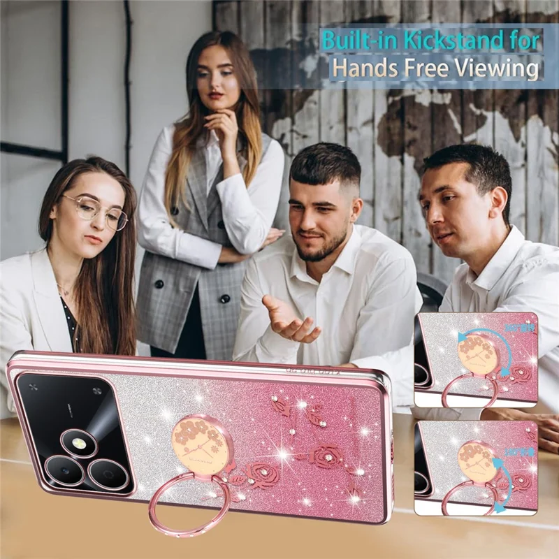 KADEM For Realme Note 80 4G Phone Case Ring Kickstand TPU Flowers Phone Cover Gradient Glitter - Pink