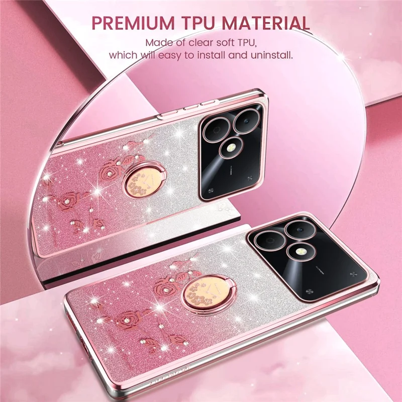 KADEM For Realme Note 80 4G Phone Case Ring Kickstand TPU Flowers Phone Cover Gradient Glitter - Pink