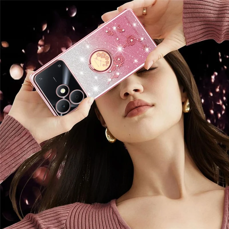 KADEM For Realme Note 80 4G Phone Case Ring Kickstand TPU Flowers Phone Cover Gradient Glitter - Pink