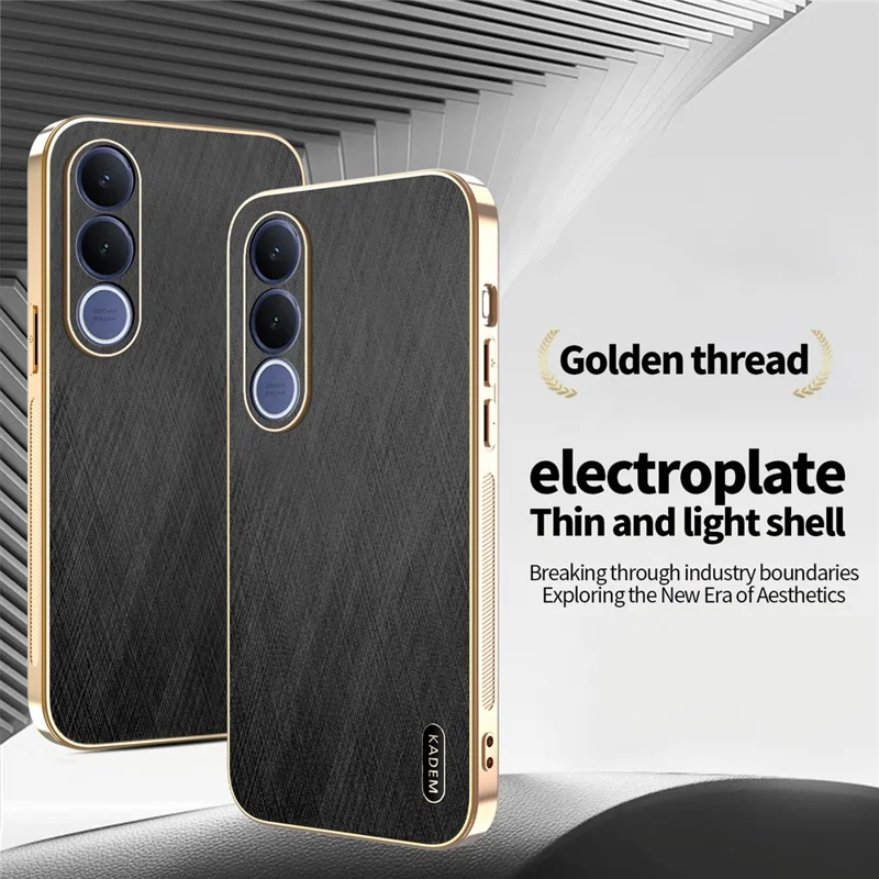 KADEM For vivo V70 FE 5G Phone Case Electroplating Silk Texture PU + TPU Phone Back Cover - Black