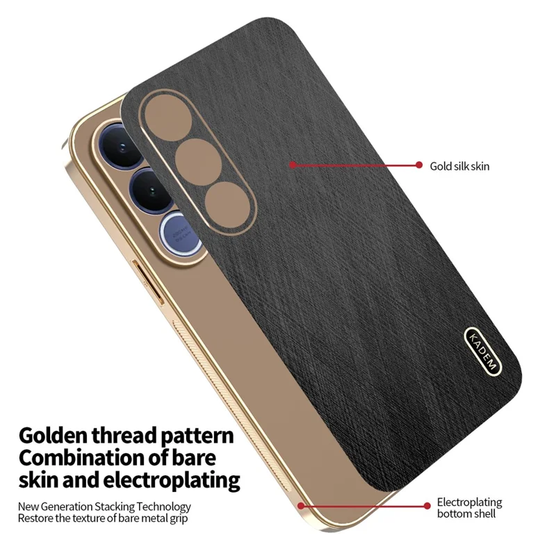 KADEM For vivo V70 FE 5G Phone Case Electroplating Silk Texture PU + TPU Phone Back Cover - Black