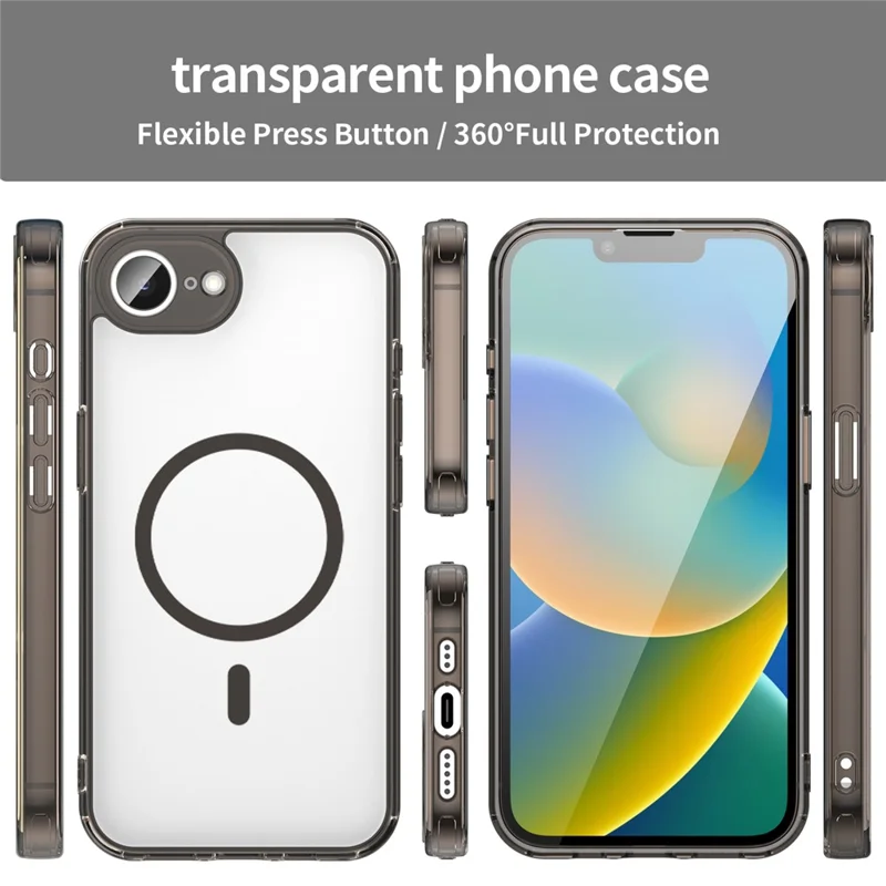 Funda para iPhone 16e / 17e compatible con MagSafe, carcasa trasera transparente de PC + TPU resistente a golpes - Negro transparente