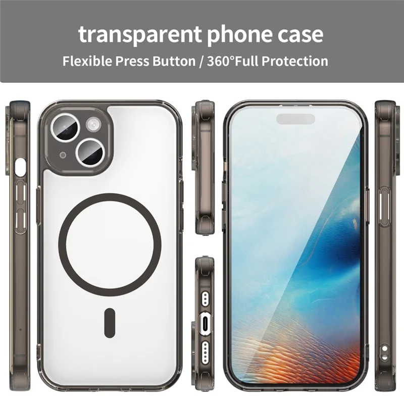 For iPhone 15 Case Compatible with MagSafe Clear PC + TPU Shockproof Phone Back Cover - Transparent Black