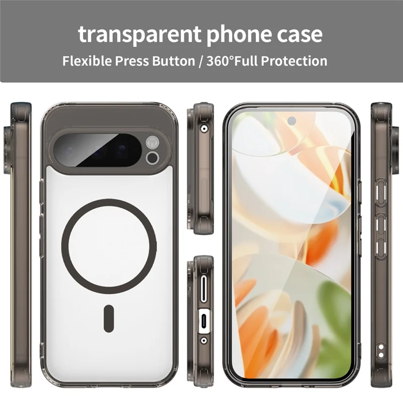 For Google Pixel 9 Pro Case Compatible with MagSafe Clear PC + TPU Shockproof Phone Back Cover - Transparent Black