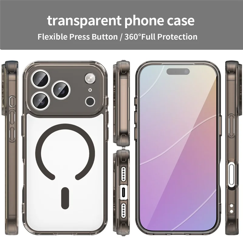 Coque pour iPhone 17 Pro compatible MagSafe, coque arrière transparente en PC + TPU antichoc - Noir transparent