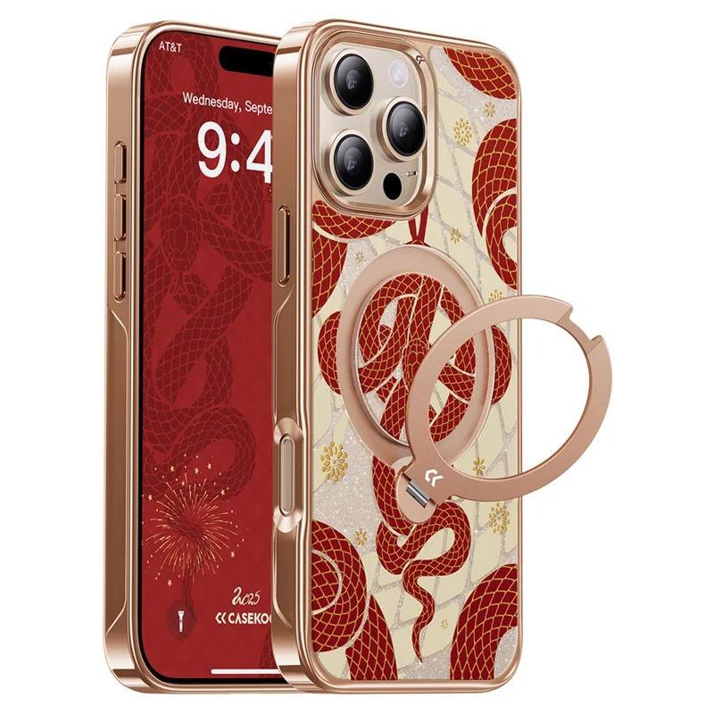 CASEKOO for iPhone 16 Pro Max Magnetic Case Snake Year Ring Holder 360° Rotating Kickstand PC + TPU Shockproof Cover - Red  /  Gold
