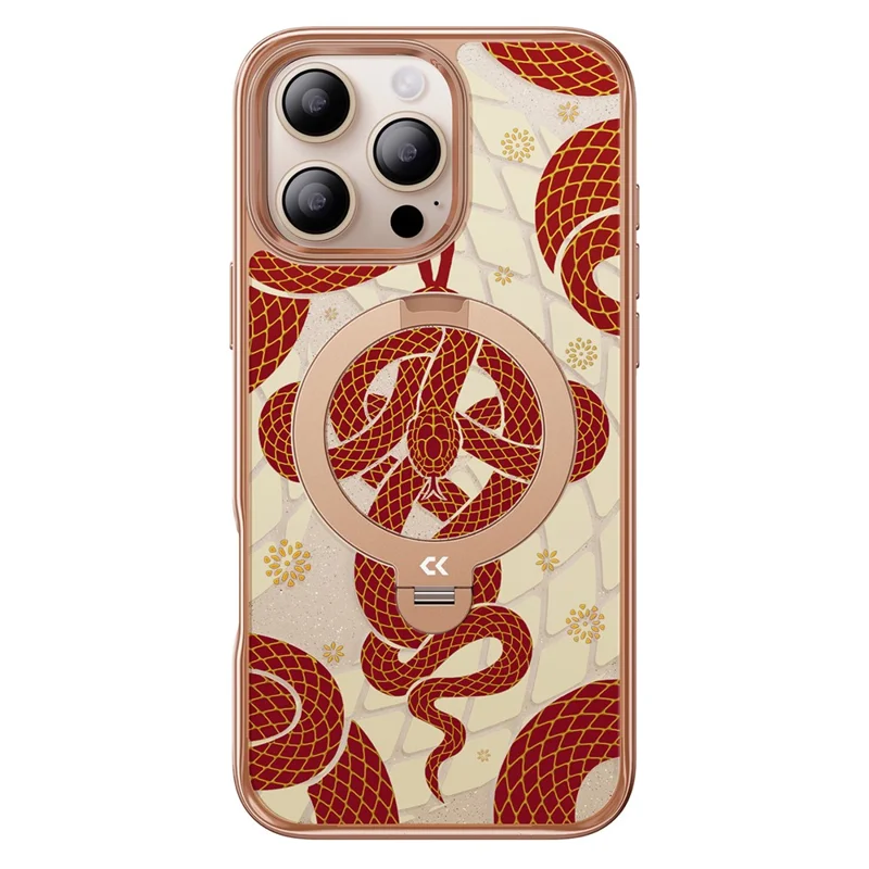 CASEKOO for iPhone 16 Pro Max Magnetic Case Snake Year Ring Holder 360° Rotating Kickstand PC + TPU Shockproof Cover - Red  /  Gold