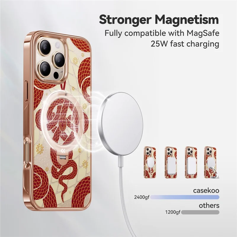 CASEKOO for iPhone 16 Pro Max Magnetic Case Snake Year Ring Holder 360° Rotating Kickstand PC + TPU Shockproof Cover - Red  /  Gold