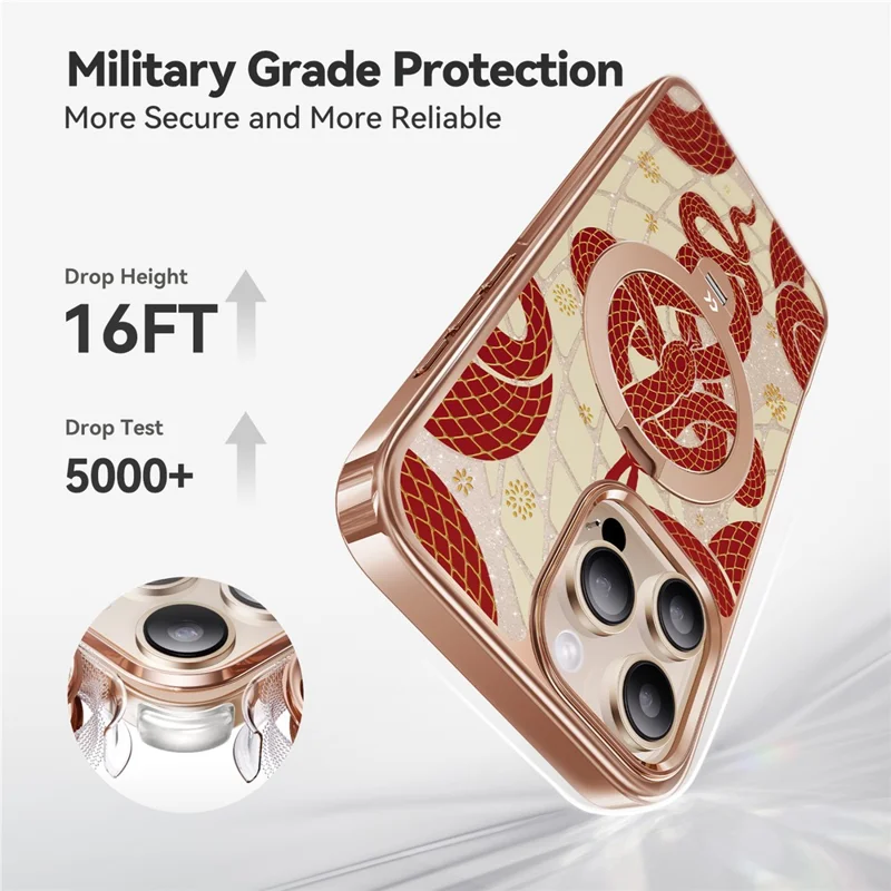 CASEKOO for iPhone 16 Pro Max Magnetic Case Snake Year Ring Holder 360° Rotating Kickstand PC + TPU Shockproof Cover - Red  /  Gold