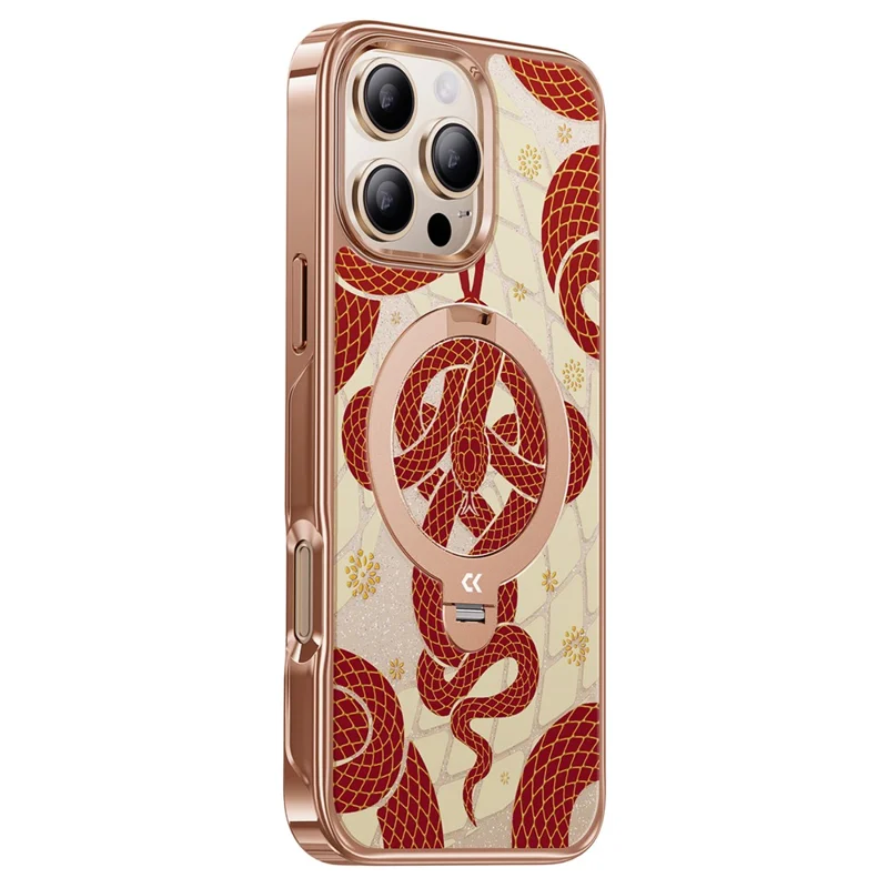 CASEKOO for iPhone 16 Pro Magnetic Case Snake Year Ring Holder 360° Rotating Kickstand PC + TPU Shockproof Cover - Red  /  Gold