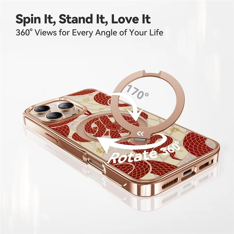 CASEKOO for iPhone 16 Pro Magnetic Case Snake Year Ring Holder 360° Rotating Kickstand PC + TPU Shockproof Cover - Red  /  Gold