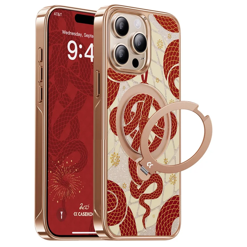 CASEKOO for iPhone 15 Pro Max Magnetic Case Snake Year Ring Holder 360° Rotating Kickstand PC + TPU Shockproof Cover - Red  /  Gold