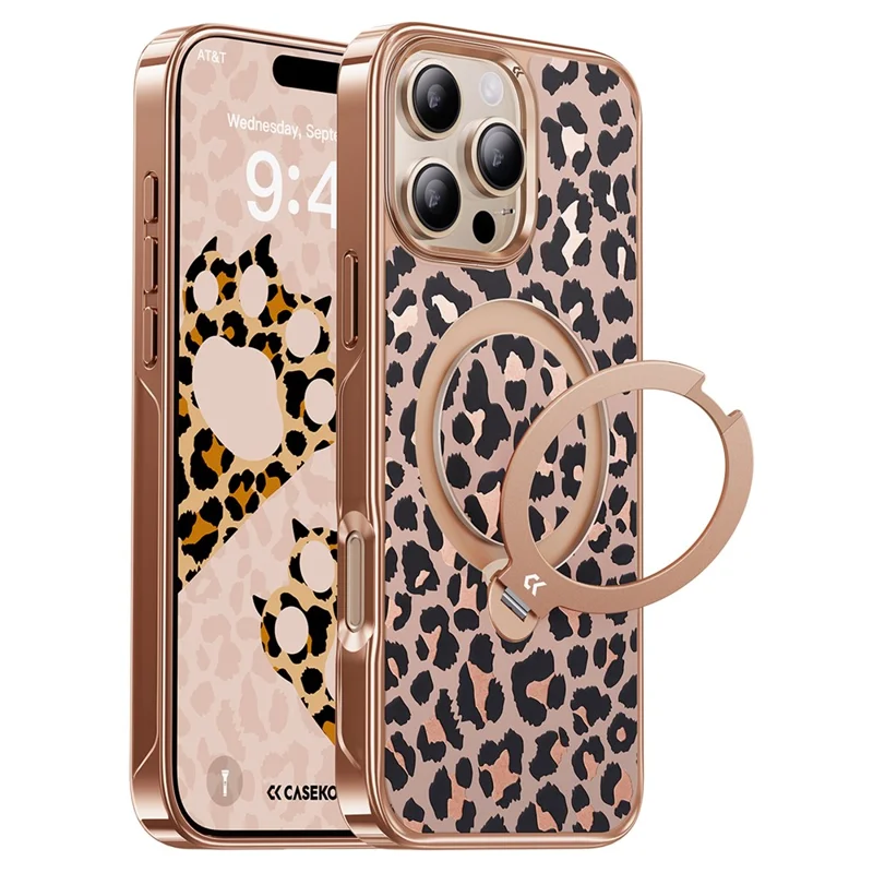 CASEKOO for iPhone 16 Pro Max Magnetic Case Leopard Print 360° Rotating Ring Kickstand PC + TPU Phone Cover - Rose Gold