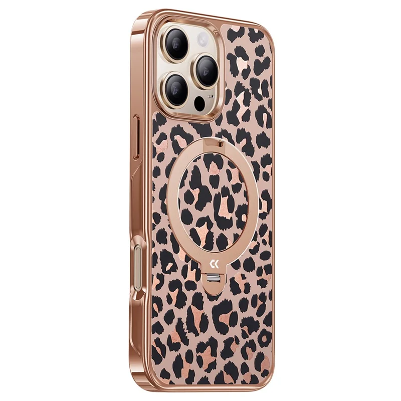 CASEKOO for iPhone 16 Pro Max Magnetic Case Leopard Print 360° Rotating Ring Kickstand PC + TPU Phone Cover - Rose Gold