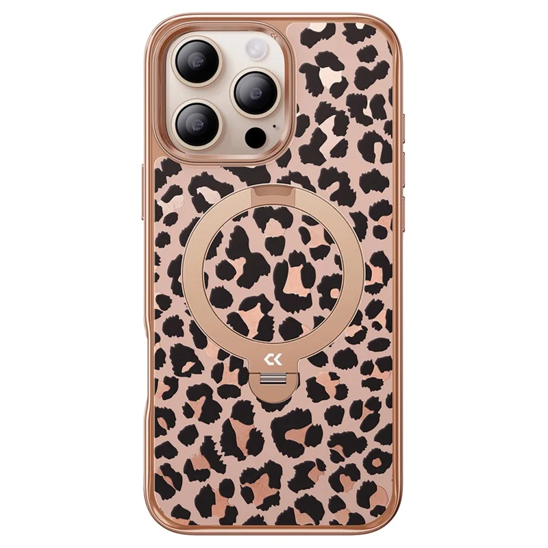 CASEKOO for iPhone 16 Pro Max Magnetic Case Leopard Print 360° Rotating Ring Kickstand PC + TPU Phone Cover - Rose Gold