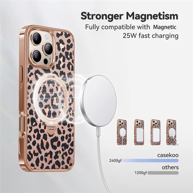 CASEKOO for iPhone 16 Pro Magnetic Case Leopard Print 360° Rotating Ring Kickstand PC + TPU Phone Cover - Rose Gold