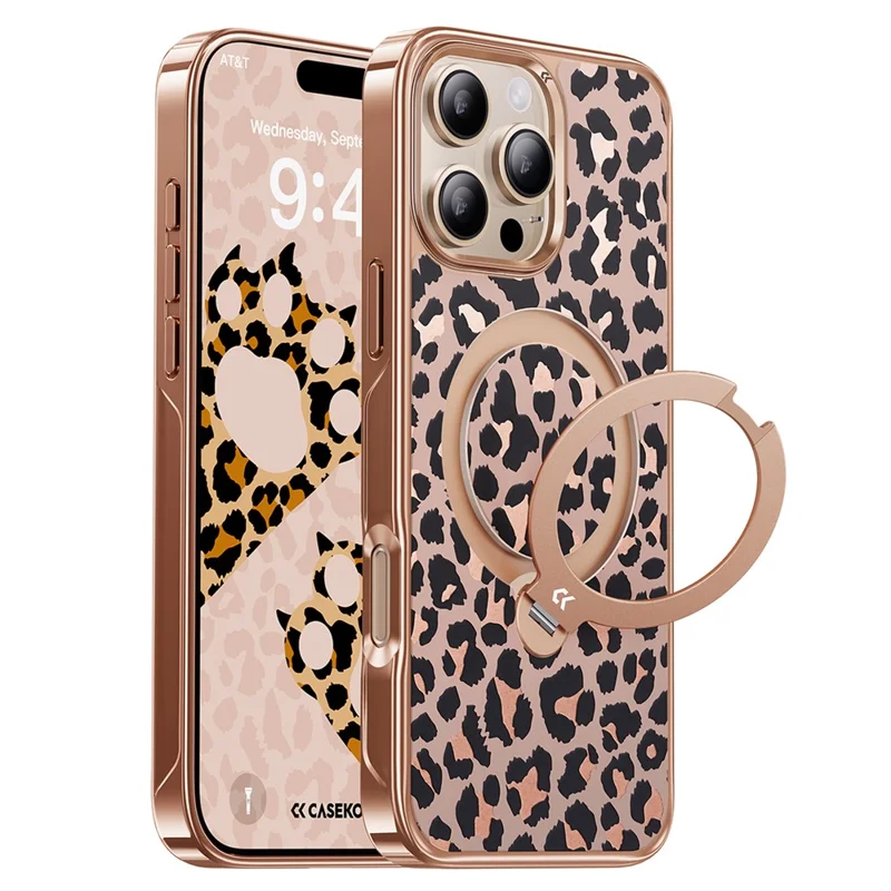 CASEKOO for iPhone 15 Pro Max Magnetic Case Leopard Print 360° Rotating Ring Kickstand PC + TPU Phone Cover - Rose Gold