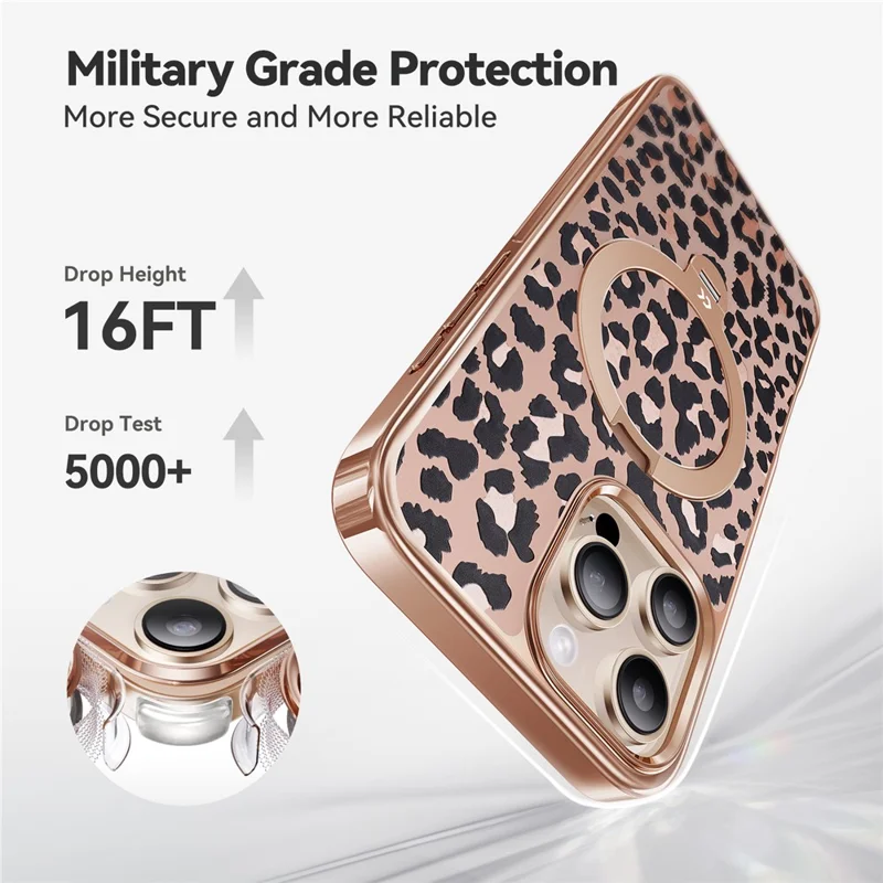 CASEKOO for iPhone 15 Pro Max Magnetic Case Leopard Print 360° Rotating Ring Kickstand PC + TPU Phone Cover - Rose Gold