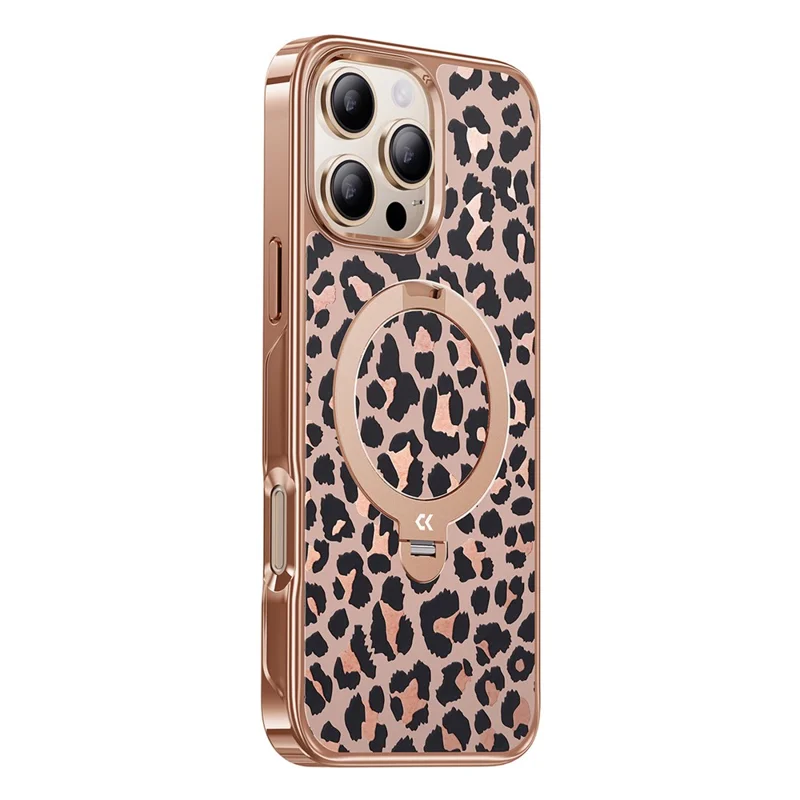 CASEKOO for iPhone 15 Pro Magnetic Case Leopard Print 360° Rotating Ring Kickstand PC + TPU Phone Cover - Rose Gold
